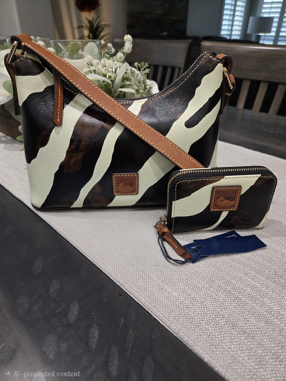 Dooney & Bourke Cream and Brown Zebra Print Hobo Bag with Wallet